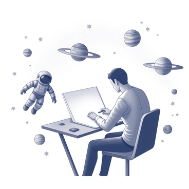 An artist is seated at a drawing table, focusing intently on a large sheet of paper. Surrounding the artist are various sketches of planets, each with unique features like rings and craters. In the foreground, an astronaut is depicted floating in space, with a detailed spacesuit that includes a helmet and life-support system. The background features several stylized planets, some with visible textures like mountains and valleys, while others appear smooth and rounded. Stars are scattered throughout the background, adding depth to the cosmic scene.