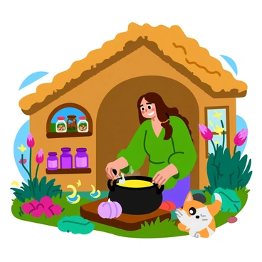 An herbalist with long, flowing hair is stirring a bubbling cauldron in a cozy wooden hut. The hut has a thatched roof and wooden shelves filled with jars of colorful herbs and dried flowers. Around the hut, vibrant magical plants with glowing leaves and unusual shapes thrive in rich soil. Some plants have luminescent flowers that emit a soft light, while others appear to shimmer as if alive. A small window shows hints of a forest filled with more fantastical vegetation, and a friendly cat with a fluffy tail watches curiously from the corner.