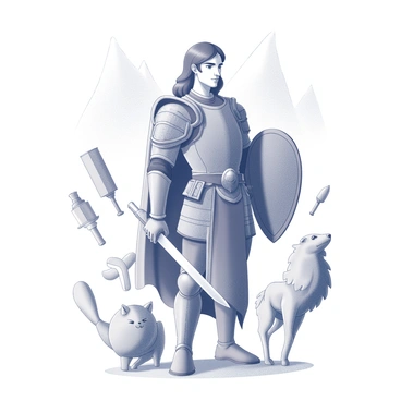 A legendary hero stands proudly in a strong stance. They are dressed in ornate armor, featuring intricate designs that reflect their cultural background. The hero's expression is determined, showcasing confidence and strength. Around them are various symbols representing their story, such as a sword, a shield, and an animal figure that is significant in their myth. The symbols are arranged in a balanced manner, creating a sense of harmony around the hero. In the background, faint outlines of mountains can be seen, adding a sense of grandeur to the scene.