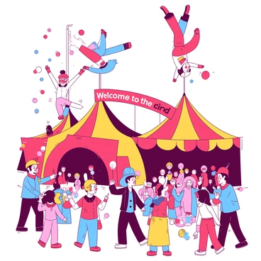A vibrant duotone illustration of a lively circus scene. A group of acrobats is performing a series of flips and somersaults high above the ground, showcasing their agility. Below, cheerful clowns are engaging with the audience, one clown is juggling colorful balls while another is making balloon animals. Brightly colored tents create a festive atmosphere, and a large banner reading "Welcome to the Circus" hangs above the entrance. The crowd is animated, with children laughing and pointing at the performers.
