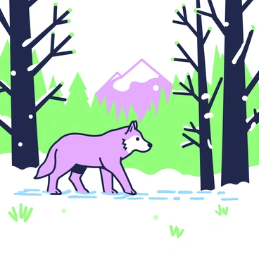 A lone wolf is wandering through a snowy forest. The wolf has thick fur that appears fluffed up against the cold. Its paws are pressing into the soft, white snow, creating a trail of tracks behind it. Surrounding the wolf are tall, dark trees with branches covered in snow. The forest is dense, with patches of snow scattered on the ground, contrasting against the deep green of pine needles. In the background, there are hints of distant mountains partially obscured by a light snowfall. As the wolf moves forward, its ears are perked up, and its eyes are alert, scanning the environment.