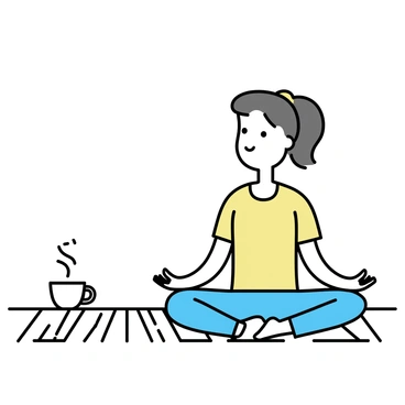 A person with a ponytail is practicing yoga on a wooden deck. They are in a seated meditation pose, with their hands resting on their knees. Beside them, there is a steaming cup of herbal tea placed on the wooden surface. The cup is white and has a simple design. The deck has wooden planks arranged parallel to each other, creating a clean and minimalistic look. The background is empty, emphasizing the person and the tea cup.