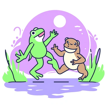 A frog and a toad are dancing together by the water's edge under a full moon. The frog has bright green skin and is leaping joyfully, while the toad has rough brown skin and is standing on its hind legs, matching the frog's rhythm. The full moon is shining brightly in the night sky, casting a soft glow over the scene. Water ripples gently nearby, reflecting the moonlight. Surrounding them are tall grasses swaying softly in the breeze. The atmosphere is lively with the energy of their dance.
