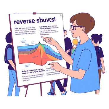 A student with short brown hair is standing next to a large poster board that displays detailed diagrams and illustrations of "reverse faults." The poster features two distinct sections, one showing labeled images of different types of faults and the other providing key definitions and explanations related to geological processes. The student is wearing a blue t-shirt and glasses, pointing to a specific part of the poster with a pen. The background includes other students and posters, creating a vibrant science fair atmosphere.