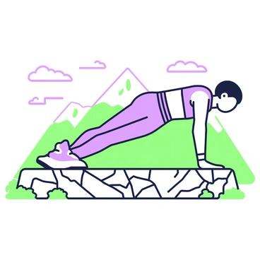 An adventurous person is performing a plank on a rocky ledge. The individual has short hair and is wearing a fitted athletic outfit. Their body is parallel to the ground, demonstrating strength and balance. Below, the rocky ledge is textured with sharp stones and patches of grass. In the background, a stunning mountain range stretches across the horizon, with peaks covered in snow. The sky has a few scattered clouds, adding depth to the scene. The sunlight casts shadows on the ledge, highlighting the contours of the rocks and the individual's body.