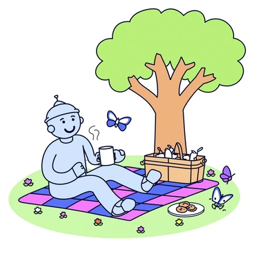 A picnic scene featuring the Tin Man sitting on a checkered blanket. He has a shiny silver body and a friendly smile, holding a steaming cup of tea. A large oak tree provides shade overhead, its broad branches extending outward. Next to the Tin Man, there is a picnic basket filled with assorted snacks and a small plate with cookies. The grassy area surrounding the blanket is dotted with colorful wildflowers. A butterfly flutters nearby, adding a touch of movement to the serene setting.