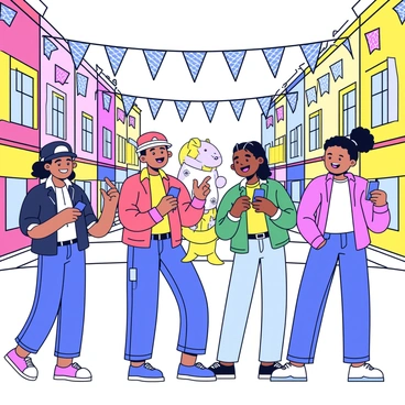 A group of trainers is gathered in a bustling city square, surrounded by tall buildings and vibrant storefronts. Each trainer holds a smartphone in their hands, with expressions of excitement and joy on their faces as they look at their devices. Colorful banners hang from the buildings, adding to the lively atmosphere. In the center of the scene, a legendary Pokémon is displayed on the screens of their devices, depicted with bright colors and intricate details. The trainers are wearing casual, sporty clothing, and some are exchanging excited whispers while pointing at their screens.
