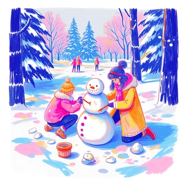 A figure resembling "Barbie" is building a snowman in a snowy park. She is wearing a colorful warm coat and a matching scarf, with her hair styled in a playful way. The snowman is partially completed, featuring a carrot nose and stones for eyes. Surrounding them are tall pine trees covered in a thick layer of snow, and snowflakes gently falling from the gray sky. In the background, there are children playing and a few bundled-up adults walking along a snow-covered path.