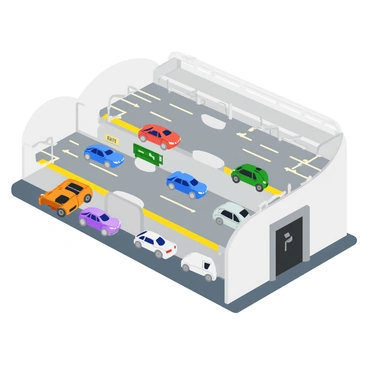 A multi-level car parking garage with bright white walls and gray concrete floors. Each level features clearly marked parking spaces with solid lines, and there are a variety of vehicles parked, including sedans, SUVs, and compact cars. The entrance is wide and features an automated gate with green lights indicating availability. There are ramps connecting the levels, showing cars driving up and down. The exit path is marked with large directional arrows and includes signs displaying "Exit" in bold lettering. The lighting is bright, illuminating the entire space to enhance visibility.