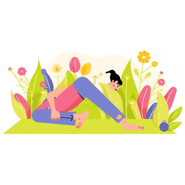 A yoga enthusiast performing the "thread-the-needle" pose on a green mat. The person has a focused expression, with one arm reaching through the space between the legs. Surrounding the individual are vibrant blooming flowers in various colors, including pink, yellow, and purple, creating a lush and lively atmosphere. The background includes leafy green plants and the warm sunlight filtering through, enhancing the vibrant colors of the botanic garden.