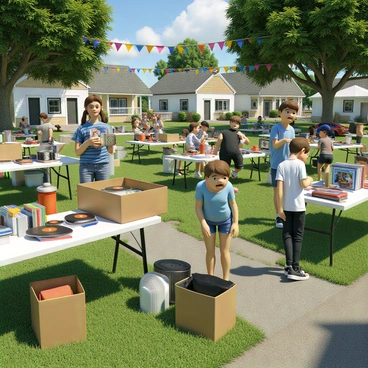 A busy neighborhood garage sale taking place on a sunny day. Various tables are set up with an array of items, including vintage toys, books, and cookware. A buyer with short brown hair, wearing a blue t-shirt and denim shorts, is rummaging through a box filled with old vinyl records. Their expression shows excitement as they discover a rare album. Nearby, a family is chatting, while children are playing on the lawn. Colorful bunting is strung between trees, adding a festive touch to the scene.