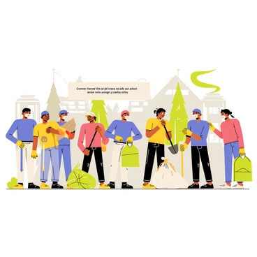 A diverse group of people gathering to clean up debris after a natural disaster. Individuals of various ages and backgrounds are wearing safety gear, such as gloves and masks. Some are using shovels and brooms to clear fallen branches and trash, while others are holding large trash bags filled with collected waste. In the background, there are damaged buildings and uprooted trees, showcasing the impact of the disaster. A sense of teamwork is evident as people work together to restore their community, sharing smiles and encouraging one another. "Community cleanup effort" is written on a banner held by several participants.