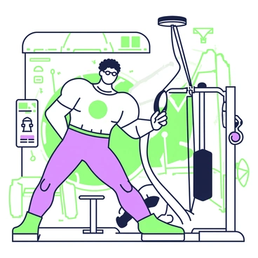 A muscular superhero character is performing cable crunches in a high-tech gym. The superhero has a sleek costume with dynamic lines that emphasize their athletic build. The character is positioned in front of a cable machine, gripping the handles with both hands while their core is engaged. The gym environment features futuristic equipment with digital displays and sleek designs. Bright overhead lights illuminate the space, casting shadows that enhance the superhero's physique. In the background, there are various exercise machines and a large mirror reflecting the scene.