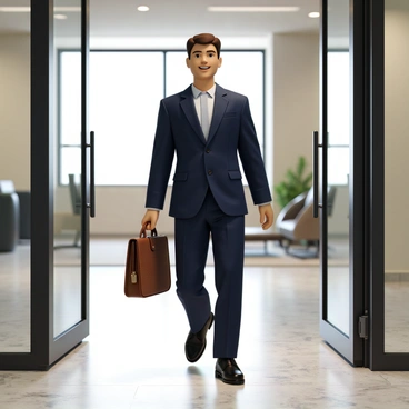 A new employee with light skin and short brown hair is entering a modern office building. They are wearing a navy blue suit with a crisp white shirt and polished black shoes. In their right hand, they are carrying a brown leather briefcase with a textured surface. The employee has a bright smile, showing their enthusiasm as they step through the glass entrance doors. The background features a sleek lobby with marble floors and contemporary furniture.