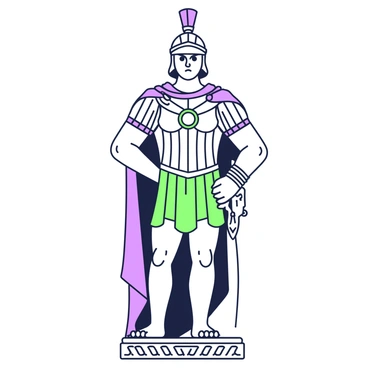 An ancient Roman statue of a warrior stands prominently in the center of the image. The warrior is depicted with a strong stance, wearing intricately detailed armor featuring grooves and embellishments that highlight its historical significance. The breastplate is adorned with intricate patterns, and a flowing cape drapes elegantly behind the warrior. The helmet is detailed, showcasing a crest at the top, and a pair of fierce-looking eyes peers out from beneath it. The statue's muscular arms are positioned confidently, with one hand resting on the hilt of a sword that is sheathed at the side. The base of the statue is also visible, featuring engraved designs that enhance its majestic appearance.