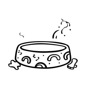 A dog bowl prominently displayed on a flat surface, the bowl has a detailed design featuring "rainbows" and "clouds" around its exterior. The bowl is positioned with a few scattered dog treats around it. In the background, there is a textured surface that adds depth to the scene.