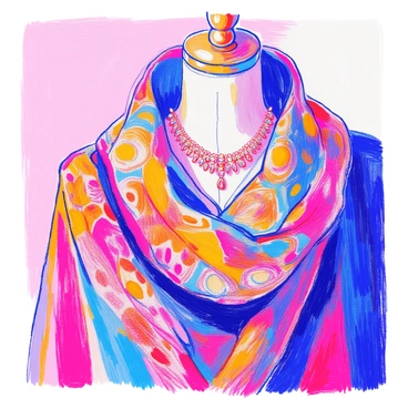 A close-up of a traditional "foulard" featuring intricate patterns and vibrant colors draped elegantly on a mannequin. The mannequin is adorned with delicate "jewelry," including a sparkling necklace and matching earrings that enhance the overall sophisticated look. The texture of the foulard contrasts with the shiny metal of the jewelry. The composition highlights the beauty of the fabric and the elegance of the accessories, creating a visually striking display.