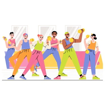 A group of five individuals dressed in colorful athletic wear is performing a dance routine. Each dancer holds a light dumbbell in one hand, and their movements are synchronized with energy and enthusiasm. The dancers are positioned in a semi-circle, showcasing a variety of dance poses. The background features a vibrant gym setting with wooden flooring and large mirrors reflecting their actions. Bright lights above create a lively atmosphere, enhancing the excitement of the performance. The expressions on their faces show joy and determination as they engage in the routine.
