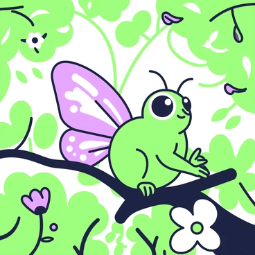A forest creature with papillon butterfly wings is perched on a branch. The wings are open, displaying their intricate patterns. The creature has a small body covered in soft green fur that helps it blend into the leafy surroundings. Its large eyes are bright and alert, scanning the area. The background features lush green foliage, with dappled light filtering through the tree canopy. Small flowers peek out among the leaves, adding texture to the forest scene.