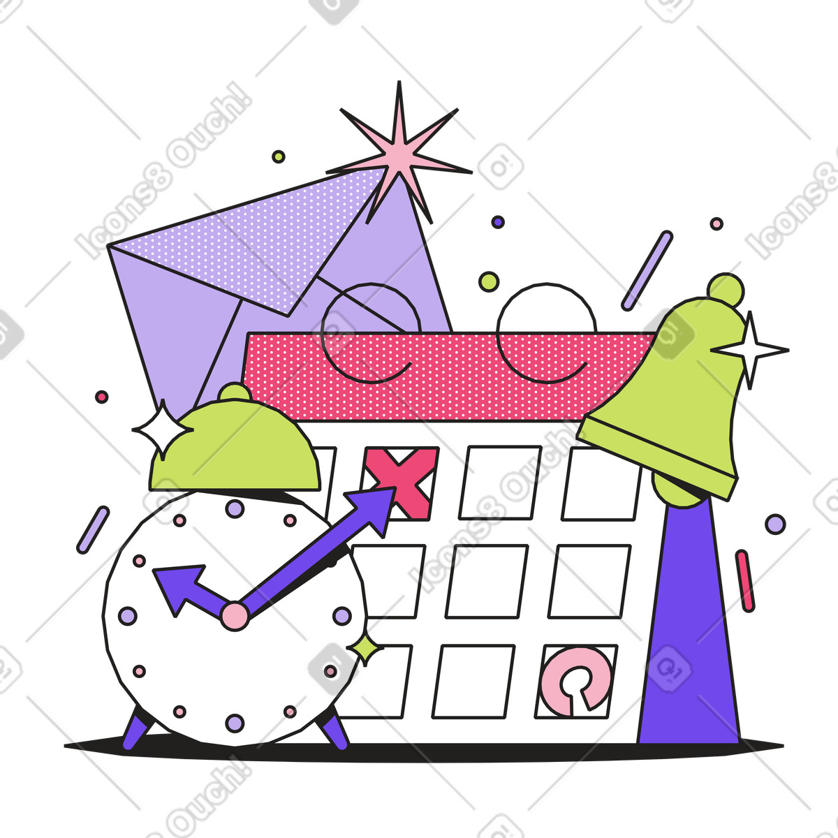 Marked calendar with clock and bell, Productivity time tracking animated illustration in Dazzle style download in GIF, Lottie (JSON), AE