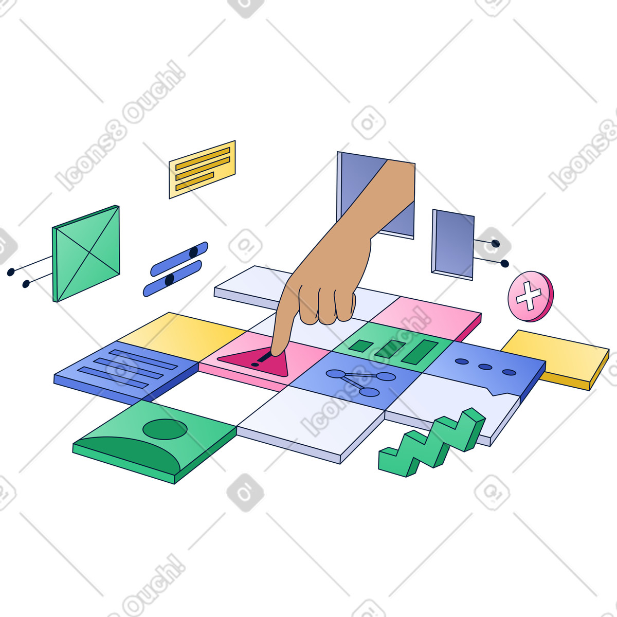 Data orchestration and system integration with hand arranging digital blocks illustration in Neat style download in PNG, SVG