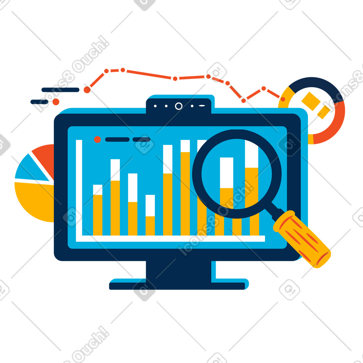 Digital dashboard with bar chart and magnifying glass, Business data visualization and analytics illustration in PNG, SVG