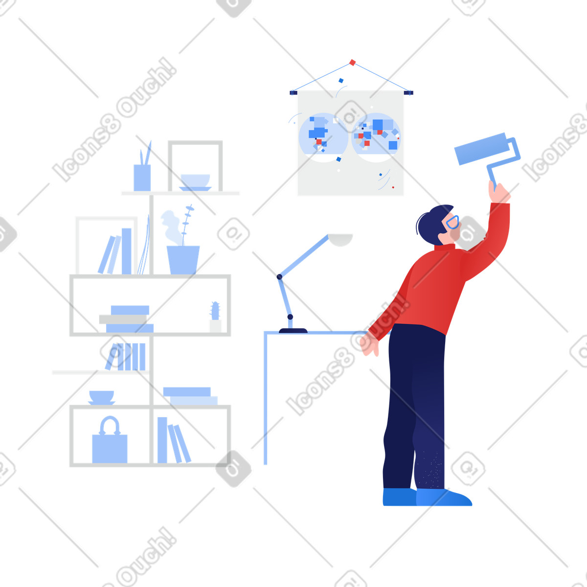 Painting a room illustration featuring painter clipart graphics in various
