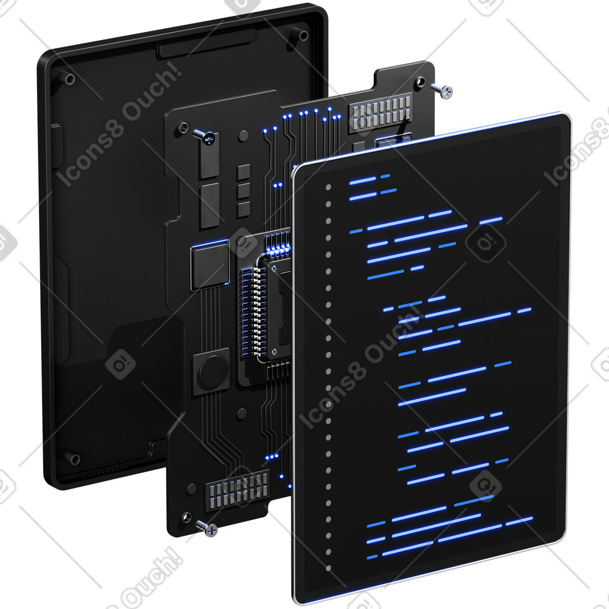 3D Metallic スタイルの Technology hardware architecture combining processor circuitry and futuristic coding display のイラストをPNG、SVG形式でダウンロード