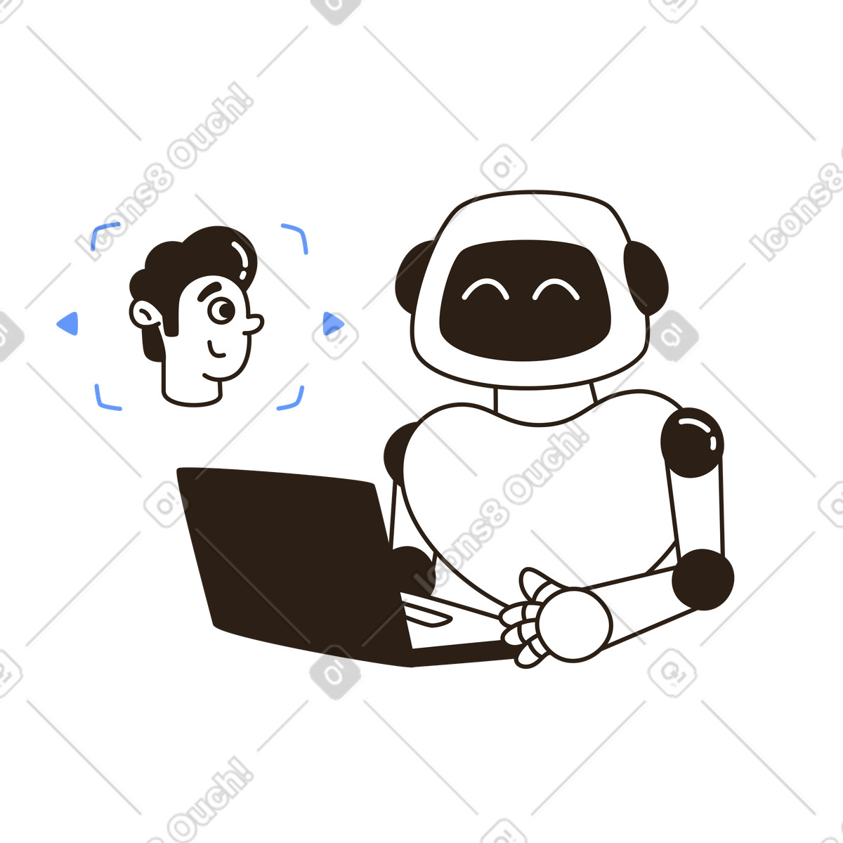 Robot sonriente analizando el rostro del usuario, proceso de verificación y seguridad digital, ia seleccionando candidatos illustration in PNG, SVG