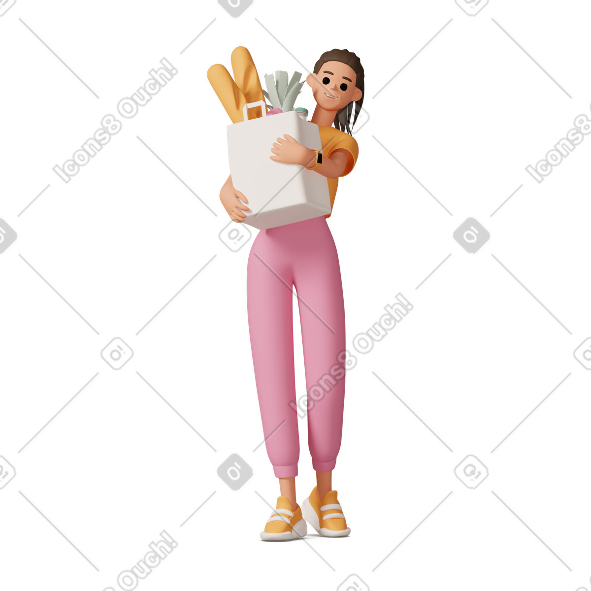 Young woman carrying grocery bag illustration in 3D Casual life style download in PNG, SVG