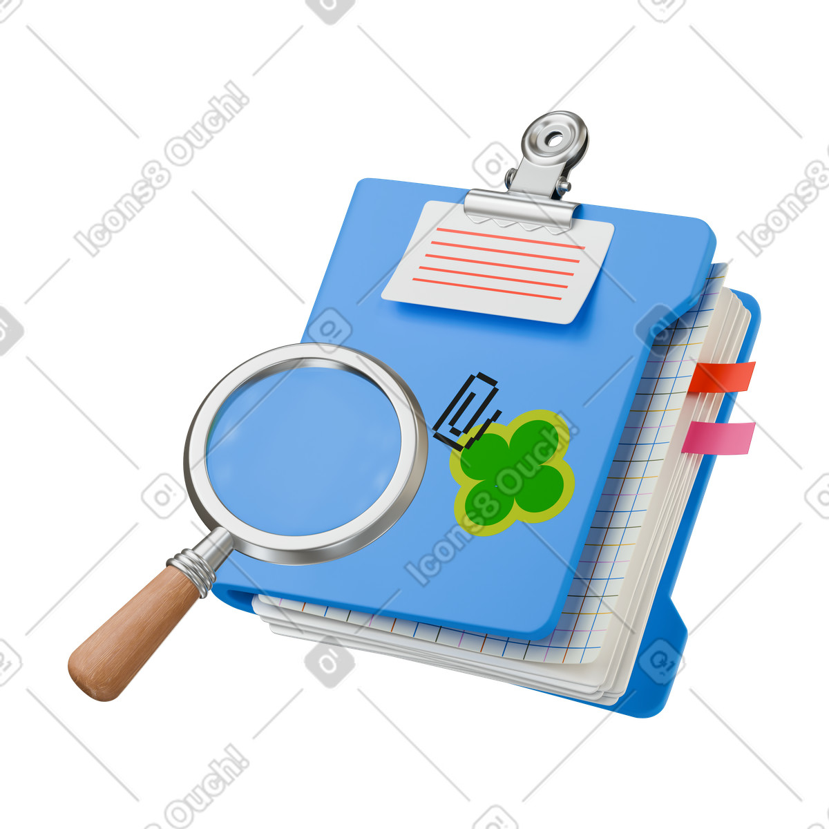 Folder with papers and magnifying glass illustration in 3D Stickle style download in PNG, SVG