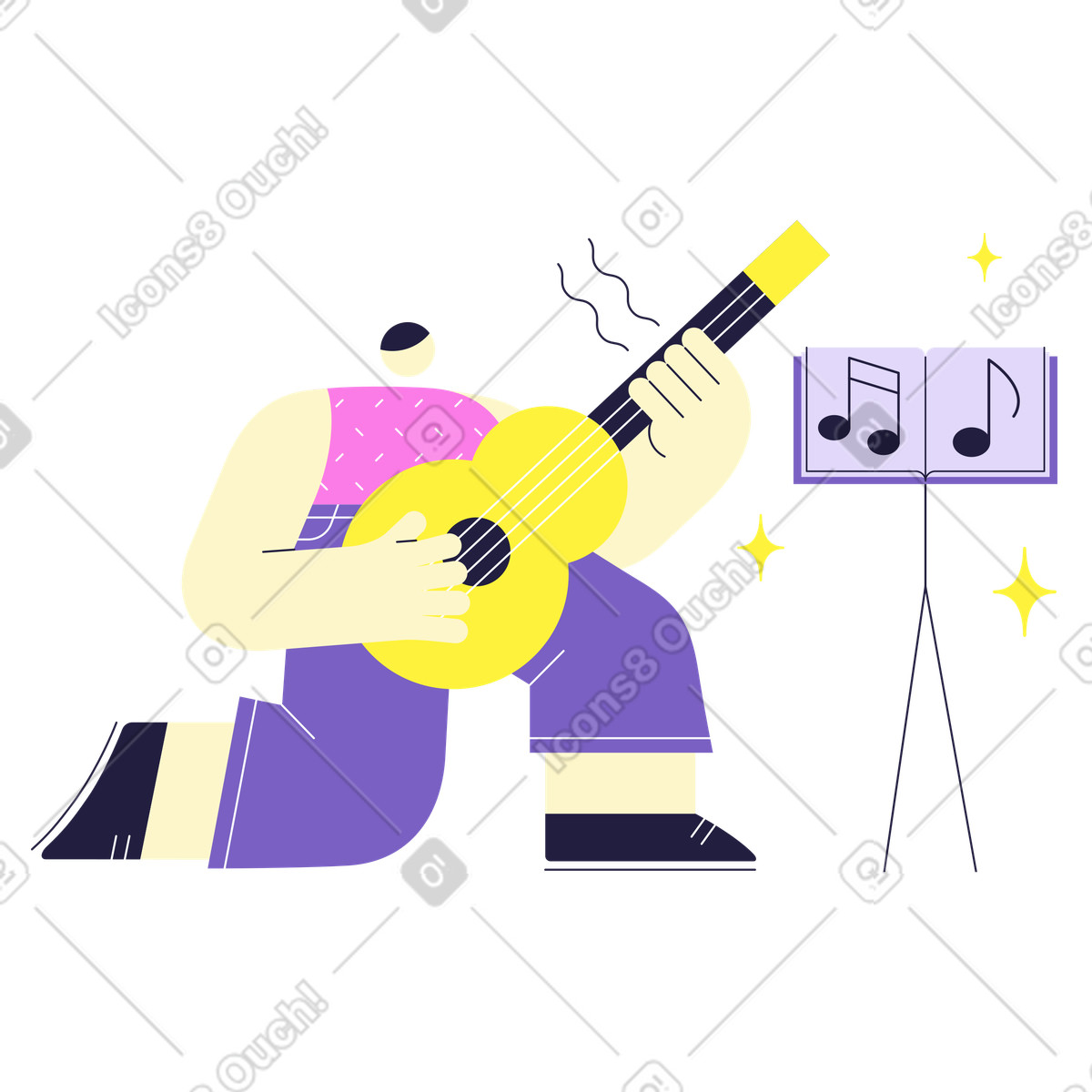 Ilustração de Homem aprendendo a tocar violão em no estilo Mellow para baixar em PNG, SVG
