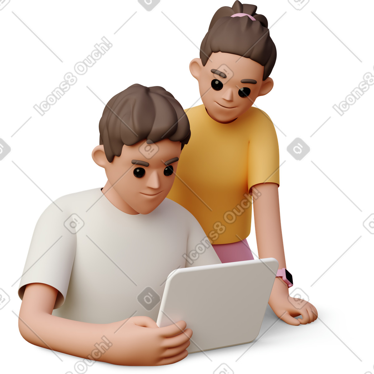 Ilustración Joven y mujer mirando tablet en estilo 3D Casual life a descargar en PNG SVG