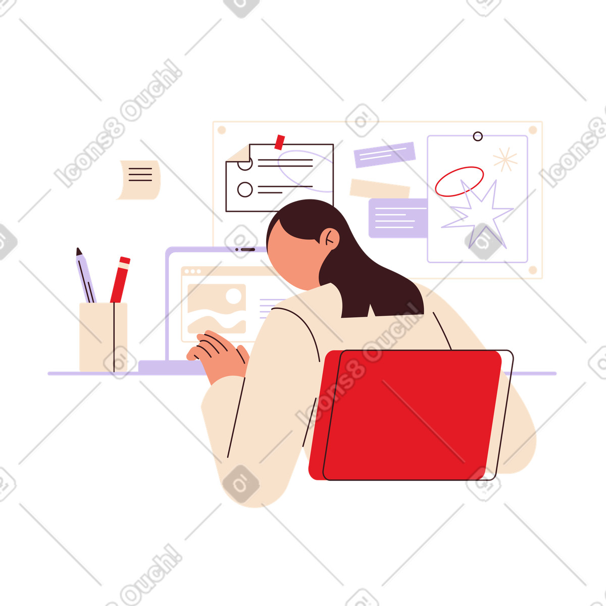 Donna che lavora a casa illustrazione in stile Folks scarica in PNG, SVG