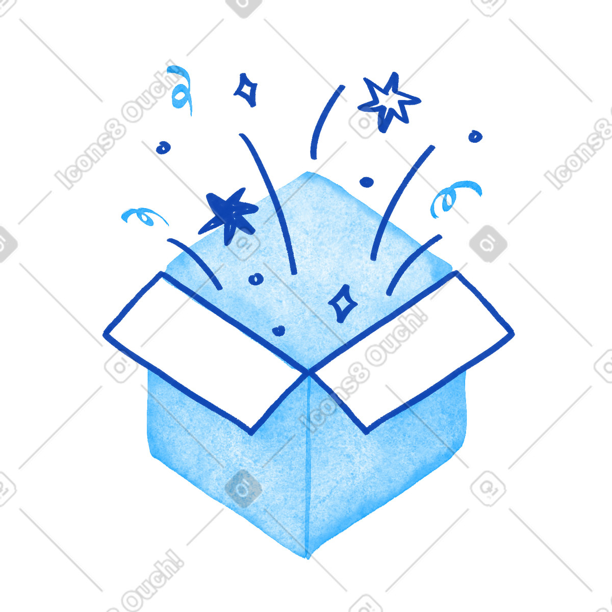 Tint スタイルの Box with confetti bursting stars and swirls celebrating surprise moment のイラストをPNG、SVG形式でダウンロード