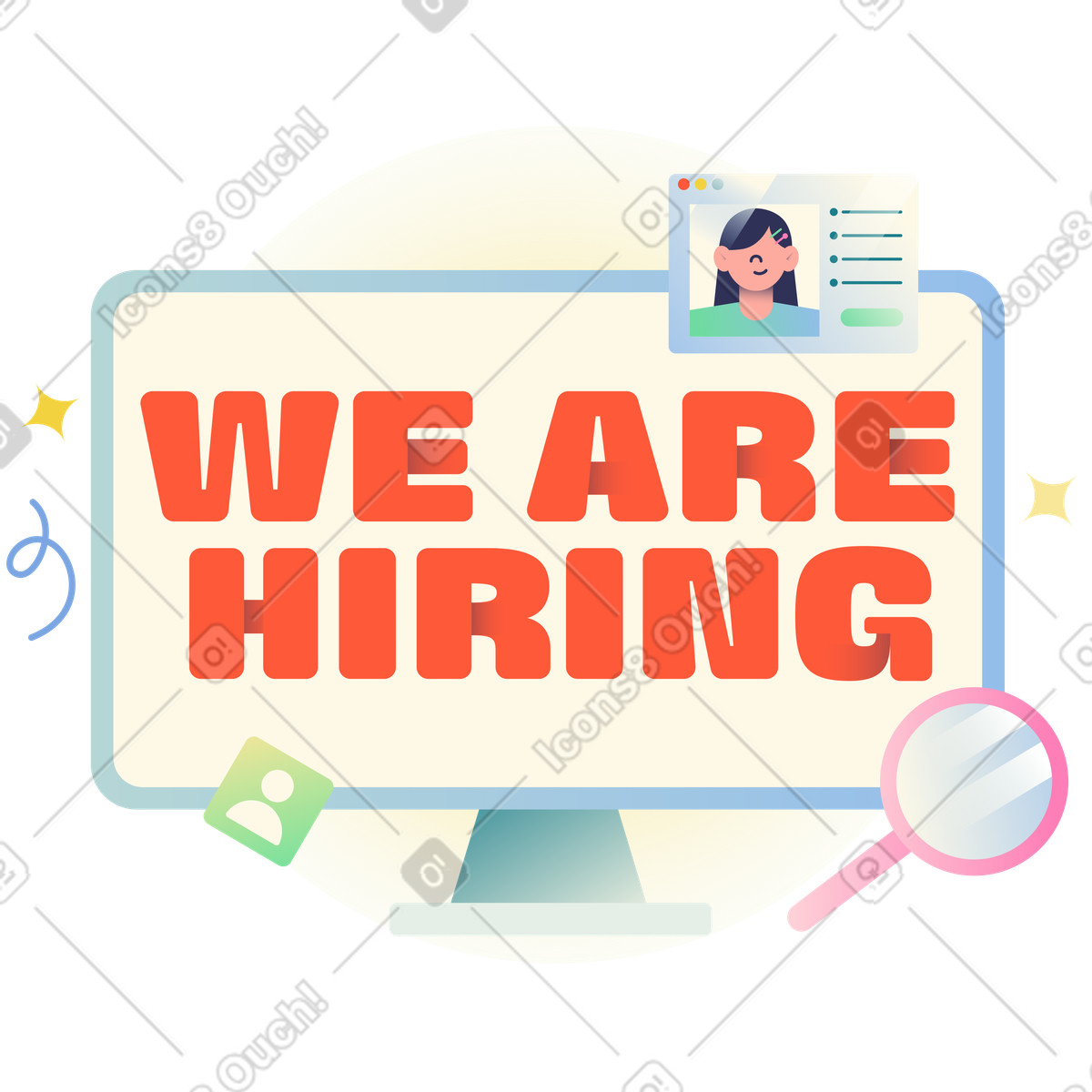 Lettering We Are Hiring in computer screen with magnifier text illustration Beam style download PNG, SVG
