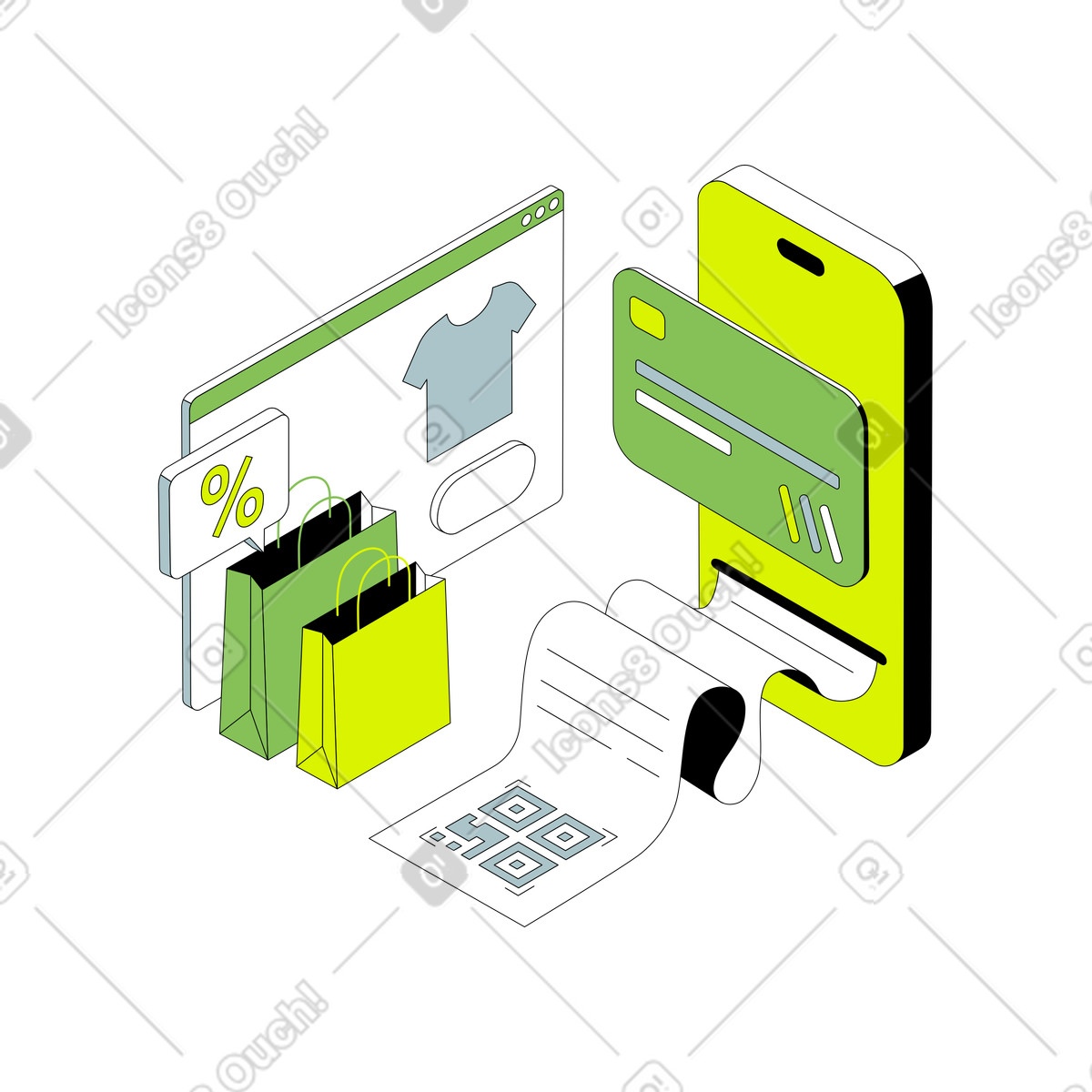 Ilustración Compras digitales y pagos online en estilo Isometric a descargar en PNG SVG