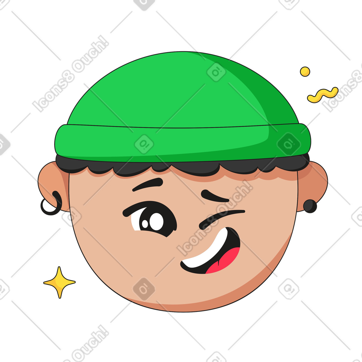 Ilustración Niño con sombrero y orejas perforadas guiñando el ojo en estilo Moji a descargar en PNG SVG