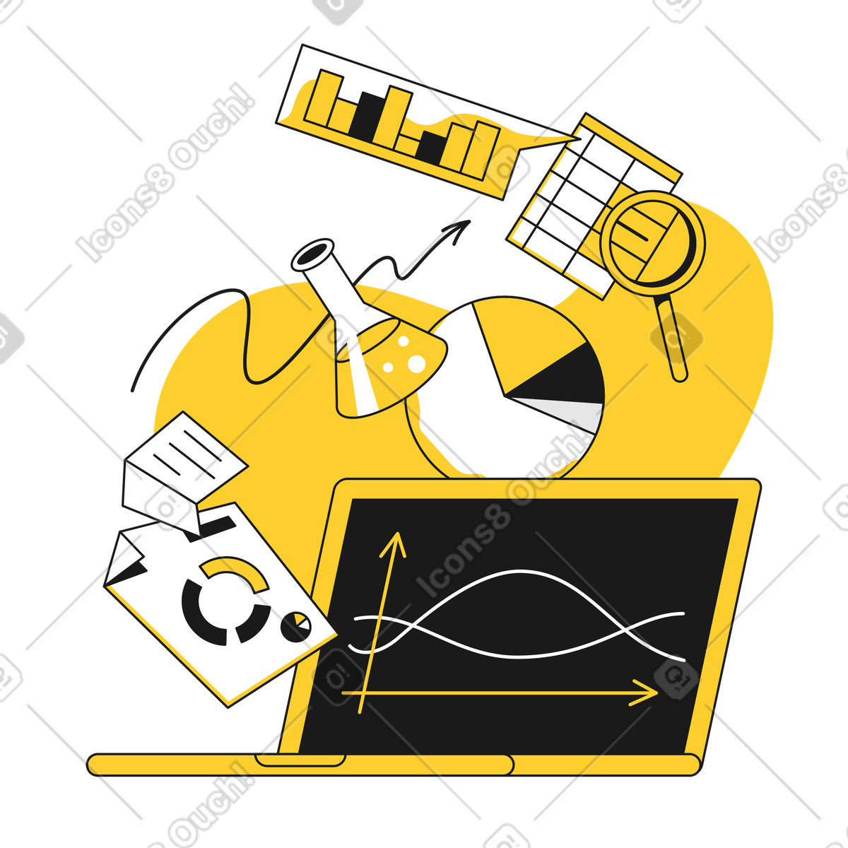 Datenwissenschaftliche diagramme, die vom laptop schweben animierte Grafik in GIF, Lottie (JSON), AE