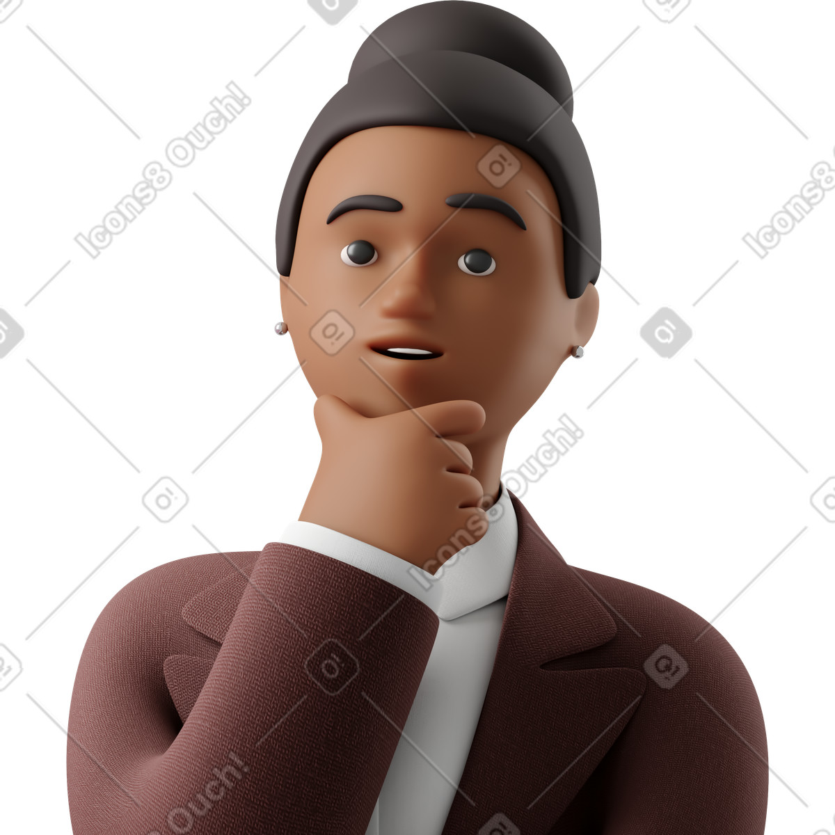 Illustration Close up of black pondering businesswoman in brown suit dans le style 3D Business à télécharger aux formats PNG, SVG