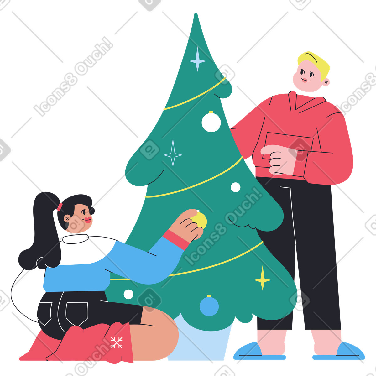 Ilustração de Friends decorating Christmas tree, Festive teamwork and joy em no estilo Boba para baixar em PNG, SVG