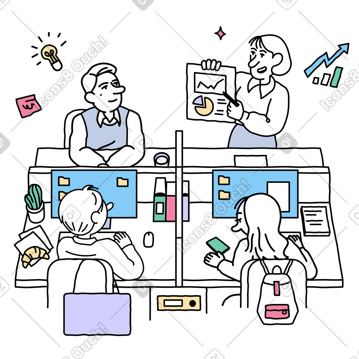 Ilustración Personal de oficina participando en un taller. estilo Notes a descargar PNG y SVG