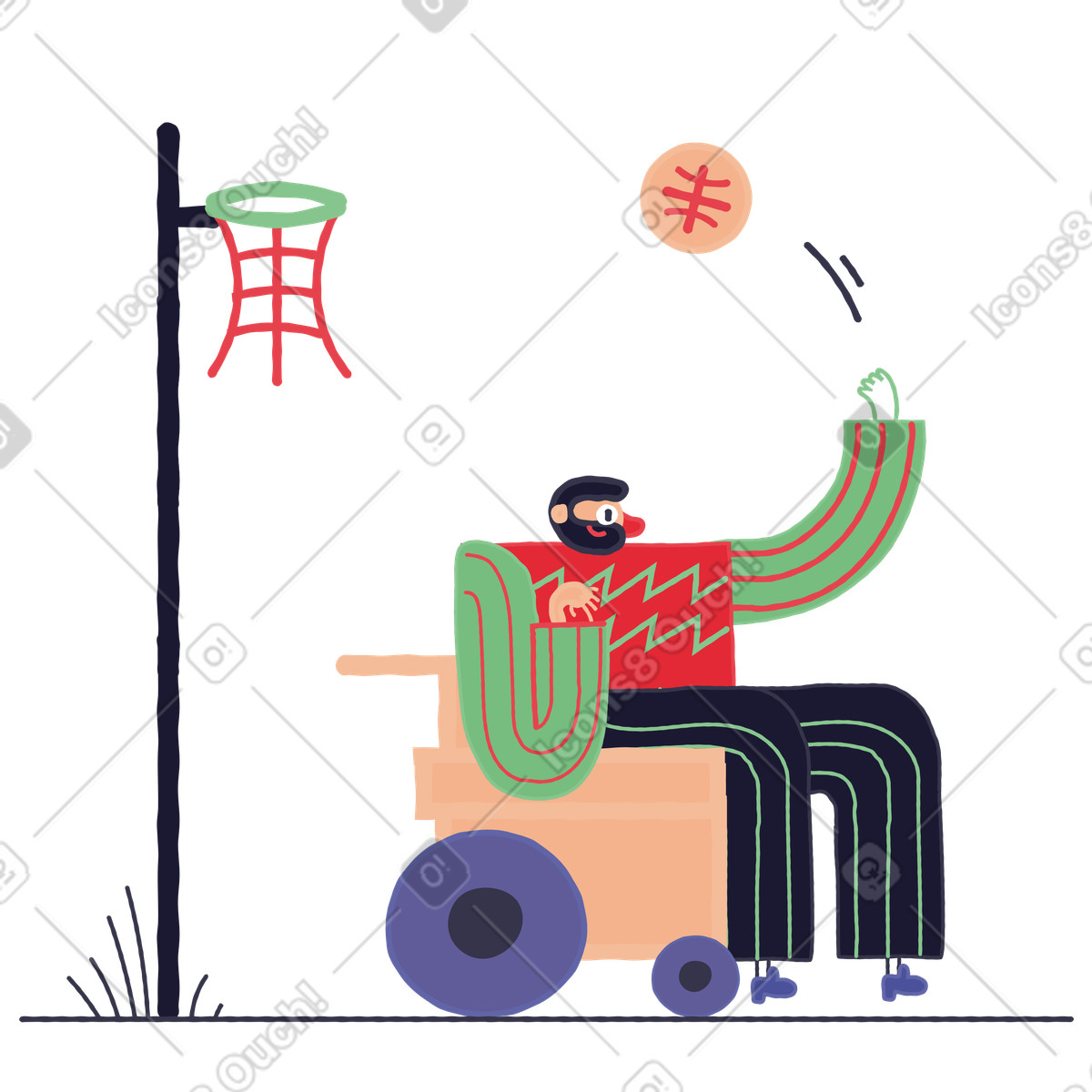 Mann im rollstuhl spielt basketball-Illustration Stripy-Stil als Download in PNG, SVG
