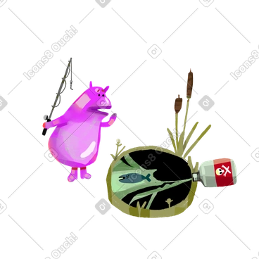 Character fishing in polluted lake PNG, SVG