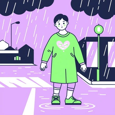 A figure is walking through a rain-soaked street, their face turned slightly upwards. The figure has tears rolling down their cheeks, creating a contrast with the rain falling from the dark clouds above. The ground is shiny and wet, reflecting the muted lights from nearby streetlamps. In the background, heavy raindrops create ripples in puddles, and the wind blows, causing the figure’s clothing to ripple against their body. The atmosphere is dense with stormy clouds, and the rain appears to blend with the tears on the figure's face, emphasizing their emotional state.