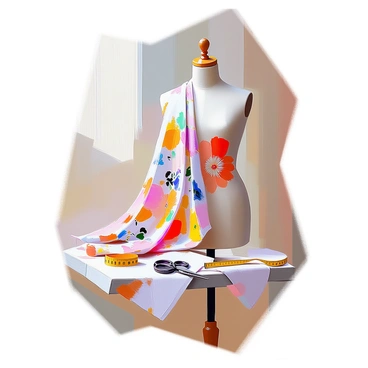 A bolt of fabric featuring an intricate floral pattern, showcasing vibrant flowers in various colors, is elegantly draped over a tailor's mannequin. The fabric cascades gracefully, with the intricate details of the floral design clearly visible. The mannequin stands on a wooden floor, and the background includes a soft, neutral color that highlights the fabric's rich textures and colors. Scissors and measuring tape are placed nearby, emphasizing the tailoring context.