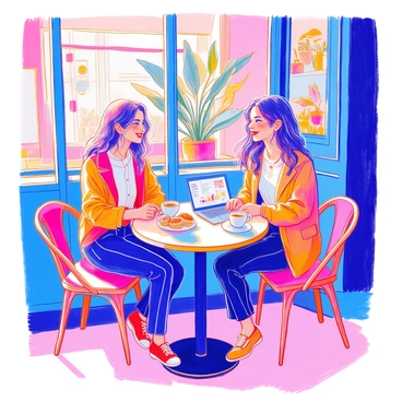 An influencer with long, flowing hair and wearing a stylish outfit is seated at a small table in a chic cafe. Across from her, a brand representative in a tailored blazer is engaged in conversation. The table holds two coffee cups, a small plate of pastries, and a laptop displaying social media analytics. The cafe features modern decor with plants and artistic wall art. Sunlight filters through large windows, illuminating the scene and casting soft shadows on the table. Both individuals are animatedly discussing ideas for an upcoming campaign.
