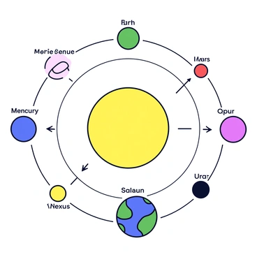 A diagram illustrating the solar system with a central yellow sun surrounded by eight planets. The planets include Mercury, Venus, Earth, Mars, Jupiter, Saturn, Uranus, and Neptune, each represented as distinct colored circles. Earth features a blue and green surface to denote land and water. The orbits of the planets are depicted as circular paths around the sun. Small labels name each planet, and there are arrows indicating the direction of their orbits.