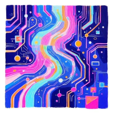 A futuristic background features an intricate design of circuit patterns that weave in and out across the canvas. The lines are glowing in vibrant shades of blue and green, creating a striking contrast against a dark backdrop. Various geometric shapes are interspersed among the circuits, adding depth to the composition. The overall effect is a dynamic representation of technology, with light illuminating the patterns in a visually captivating way.