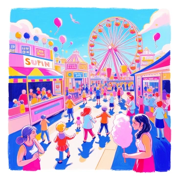 A lively carnival scene is filled with colorful rides, including a Ferris wheel with bright lights and spinning carriages. Various game booths are set up, each adorned with vibrant banners and prizes. Groups of people are seen enjoying fluffy cotton candy in shades of pink and blue. Children are laughing and running around, while adults chat and take photos. Balloons in various colors float in the air, adding to the festive atmosphere. Several food stalls are nearby, displaying snacks like popcorn and funnel cakes.